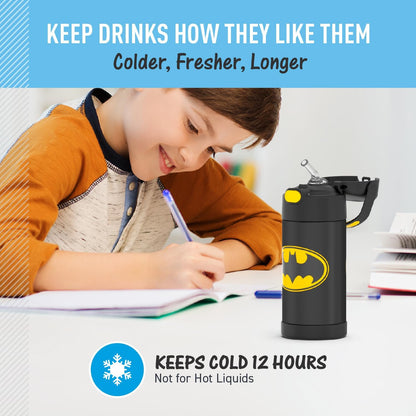 THERMOS FUNTAINER Water Bottle - 12 Ounce Stainless Steel Vacuum Insulated Kids Bottle | Batman Design