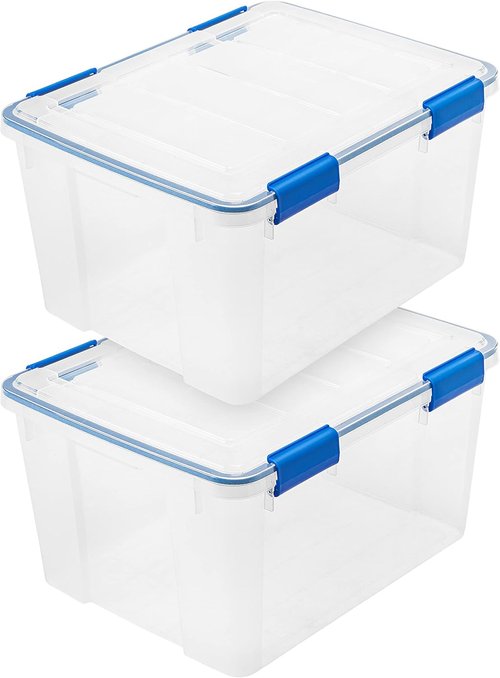 IRIS USA WeatherPro 44 Qt Storage Bins - BPA-Free Plastic with Tight Seal & Lids | Stackable Clear/Blue 2-Pack
