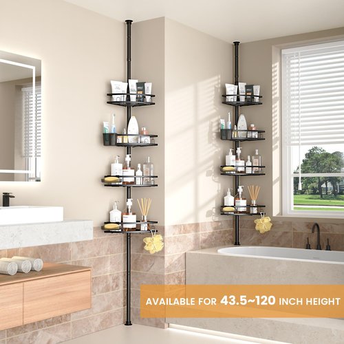 Foukus Tension Pole Shower Caddy Corner: Adjustable 4tier Bathroom Organizer Shelves - Rustproof Bathtub Shampoo Rack 43.5-120 inch