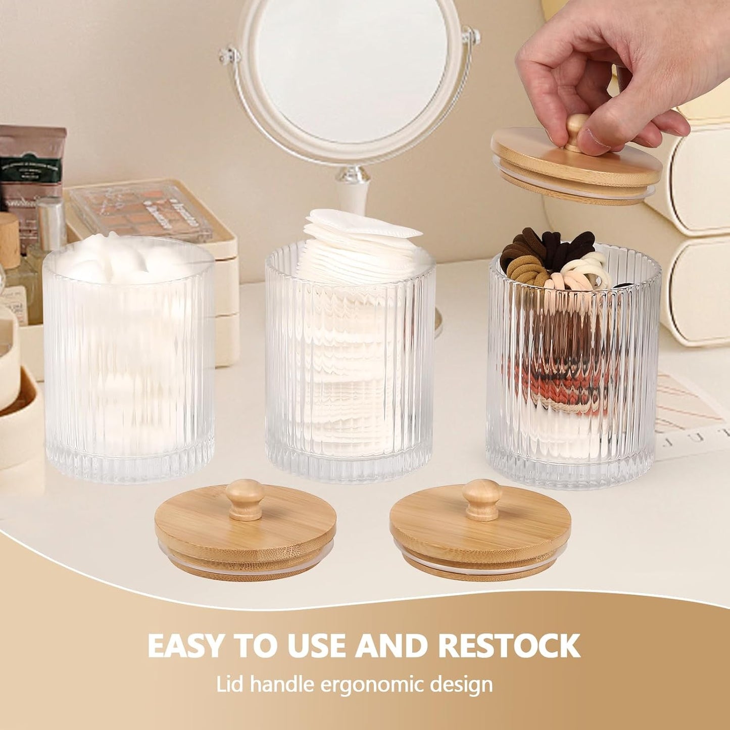 Skiennix 3-Pack Qtip Holder - Elegant Bathroom Organizer Set with Glass Jars & Tray