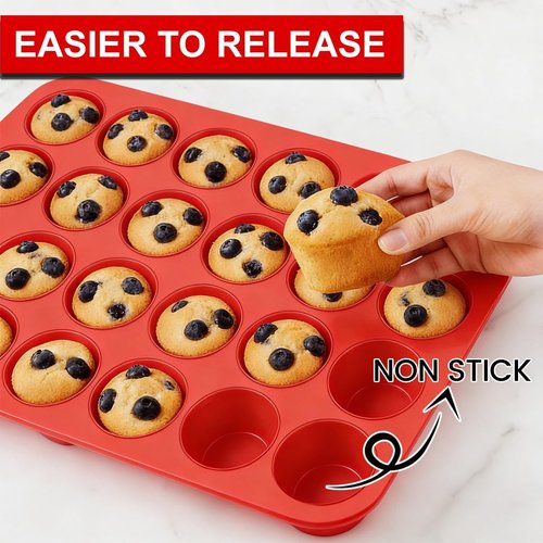 CAKETIME Silicone Mini Muffin Pan - 3 Pack of 24 Nonstick Cups for Baking Muffins & Cupcakes