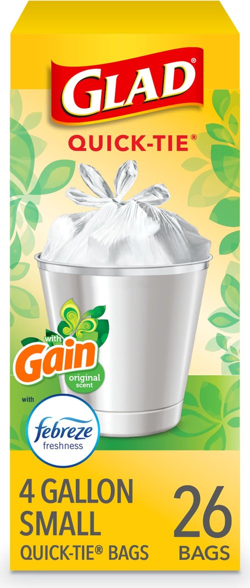 Glad Trash Bags, OdorShield Small Garbage Bags, Gain Original with Febreze Freshness, 4 Gallon, 26 Count, 26 ct