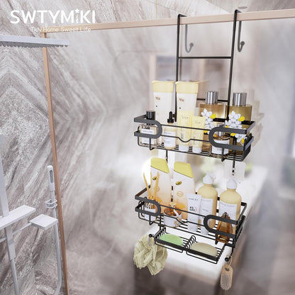 SWTYMIKI Over The Door Shower Caddy - Hanging Organizer with Double Soap Holder & 16 Hooks | Black