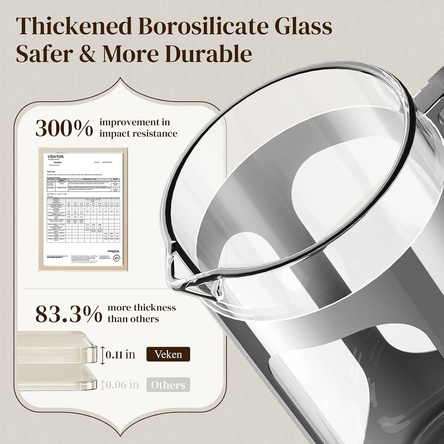 Veken French Press Coffee Maker - 34oz Heat Resistant Borosilicate Glass | Stainless Steel Brewer for Home & Travel
