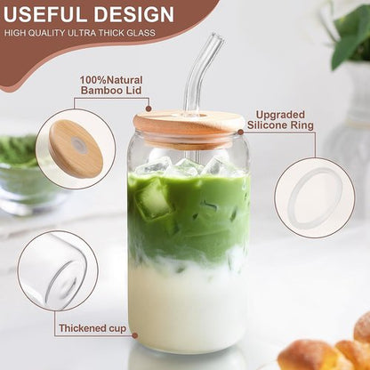 DWTS DANWEITESI Iced Coffee Cups - 16 oz Reusable Glass Tumblers with Lids & Straws | Perfect for Coffee & Juice