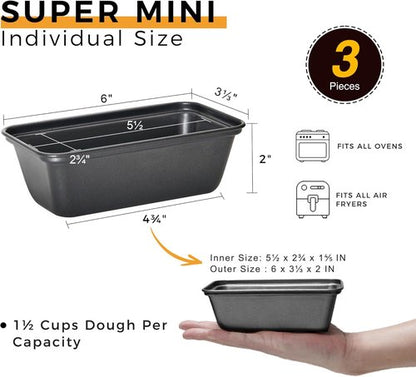 HONGBAKE Mini Loaf Pan Set - Nonstick Carbon Steel Baking Tins for Bread | 6 x 3.3 x 2 In - Dark Grey