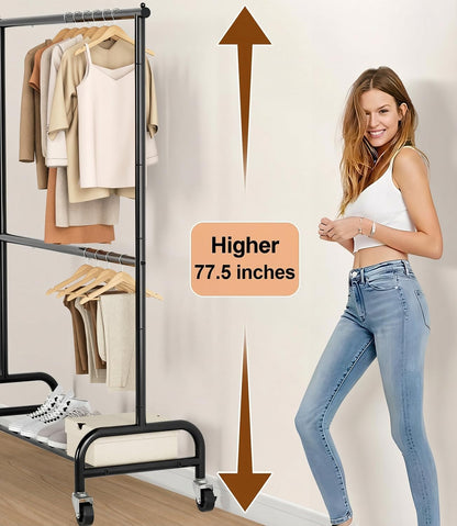 MISSLO Heavy Duty Clothing Rack - Adjustable Double Rod Garment Rack on Wheels | Metal, Black