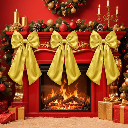 Skiennix Large Gold Satin Bow Decorations - 3 Pcs 2 FT Hanging Wall Decor for Weddings & Parties