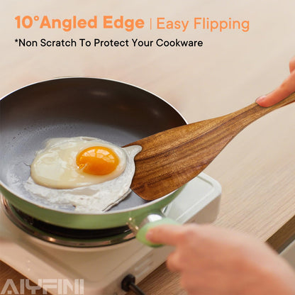 Skiennix Non-Toxic Wooden Kitchen Utensils Set - 15.4" Long Handle Spatula, Turner, Ladle & More