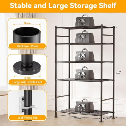 BolDuck 5-Tier Metal Shelf Organizer - Adjustable Space-Saving Storage Rack for Garage, Closet, Kitchen | 33.07”Wx12.6”Dx72.04”H, Black