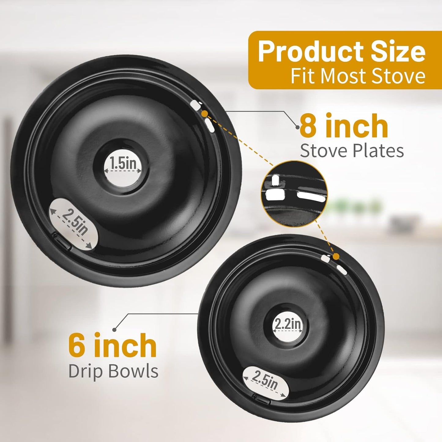 Whirlpool 4-Pack Black Drip Pans - Compatible Replacement for Kenmore Stove Tops | 2 x 6" & 2 x 8" Sizes