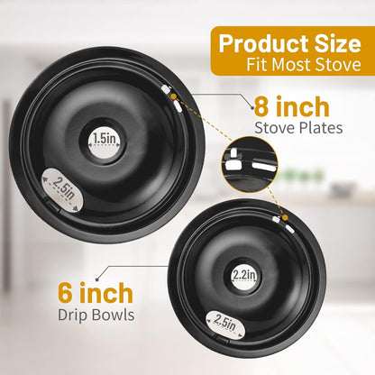 Whirlpool 4-Pack Black Drip Pans - Compatible Replacement for Kenmore Stove Tops | 2 x 6" & 2 x 8" Sizes