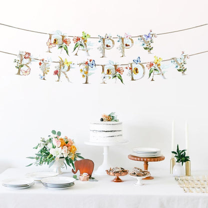 Wildflower Happy Birthday Banner - Spring Garden Party Decorations with Butterfly Design | Floral Bday Sign