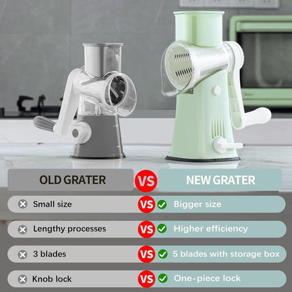 VEKAYA Rotary Cheese Grater - 5-in-1 Stainless Steel Shredder with Handle & Storage Box | Easy to Clean
