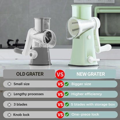 VEKAYA Rotary Cheese Grater, 5 in 1 Cheese Grater with Handle, Replaceable Stainless Blades Cheese Shredder, Cheese Vegetable Slicer, Easy to Clean Kitchen Gadgets with Storage Box