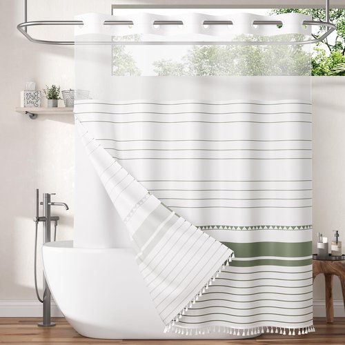 AmazerBath Boho Sage Green Shower Curtains for Bathroom, Heavy No Hook Shower Curtain and Liner Set, Striped Fabric Shower Curtain Farmhouse with Tassels, Washable & Waterproof, 74"x72"