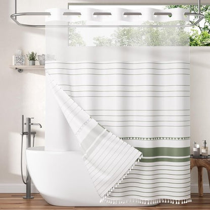 AmazerBath Boho Sage Green Shower Curtains for Bathroom, Heavy No Hook Shower Curtain and Liner Set, Striped Fabric Shower Curtain Farmhouse with Tassels, Washable & Waterproof, 74"x72"