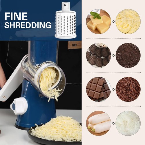 Cambom Rotary Cheese Grater - Hand Crank Shredder for Fresh Cheese & Vegetables | Non-Slip Base, Deep Blue
