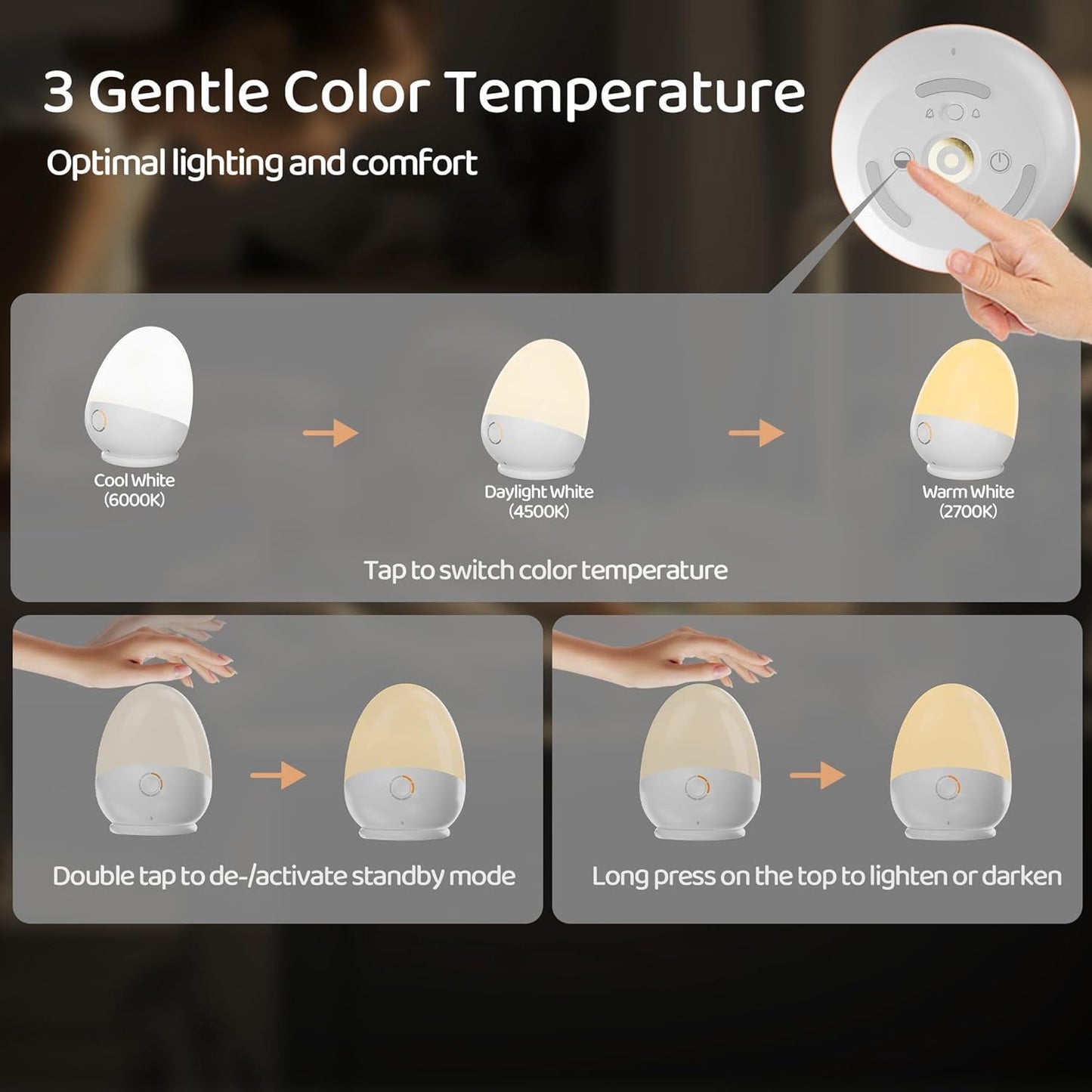 Touch Egg Night Light - Rechargeable Portable Kids Lamp with Dimmable 3 Color Temperatures | Ideal for Nursery
