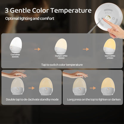 Touch Egg Night Light - Rechargeable Portable Kids Lamp with Dimmable 3 Color Temperatures | Ideal for Nursery