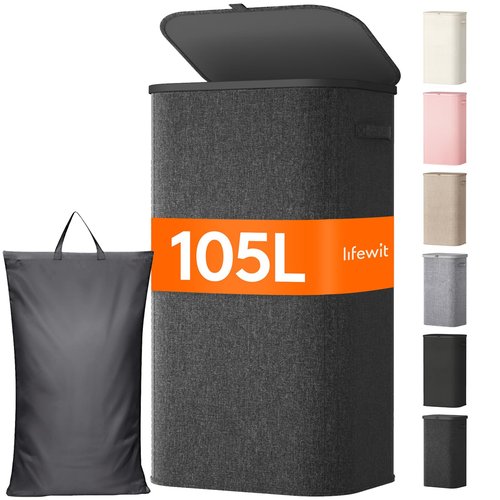 Lifewit 105L Large Laundry Basket with Lid, Laundry Hamper with Plastic Handles and Removable Bag, Foldable Tall Dirty Clothes Hampers for Laundry for Laundry Room, Bedroom, Bathroom, Dorm, Dark Gray