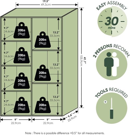 Furinno LUDER Bookshelf - 7-Cube Bookcase with Open Shelves | Easy Assembly, Sage Green, 9.4 x 19.5 x 41.7