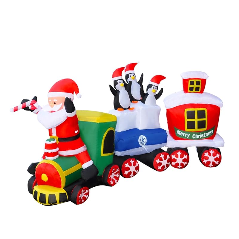 8 Ft LED Lighted Christmas Train Inflatable with Santa & Penguin Decorations