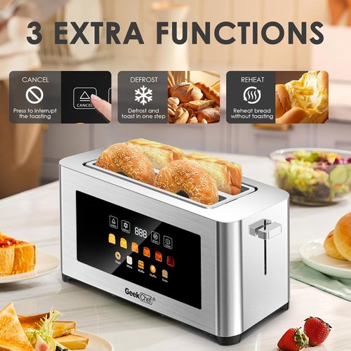 Geek Chef 4-Slice Long Slot Toaster - Extra Wide Slots for Bagels & Waffles, Touch Screen, Stainless Steel
