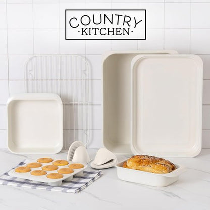 Country Kitchen Nonstick Bakeware Set - Deluxe Heavy Duty, Easy Release, 8 Pcs, Cream