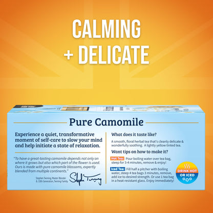 Twinings Pure Camomile Herbal Tea Individually Wrapped Bags, 100 Count (Pack of 1), Delicate for Pure Relaxation, Naturally Caffeine-Free, Enjoy Hot or Iced, 100 Teabags