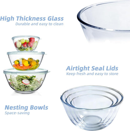 WhiteRhino Glass Mixing Bowls Set - Space-Saving Nesting Bowls with Lids | 4.5QT, 2.7QT, 1.1QT