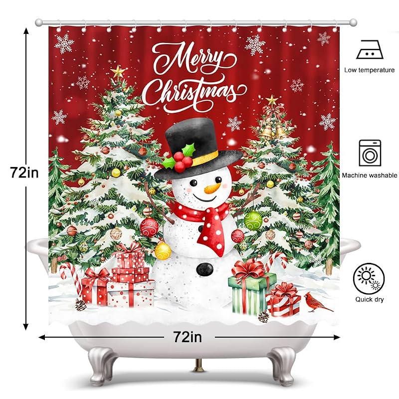 Christmas Shower Curtain 72 x 72 in – Santa, Snowman & Tree Design with 12 Hooks