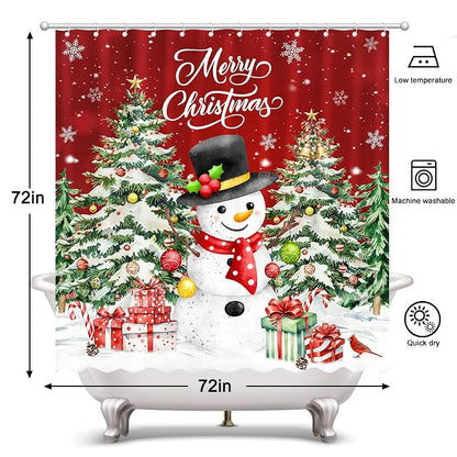 Christmas Shower Curtain 72 x 72 in – Santa, Snowman & Tree Design with 12 Hooks