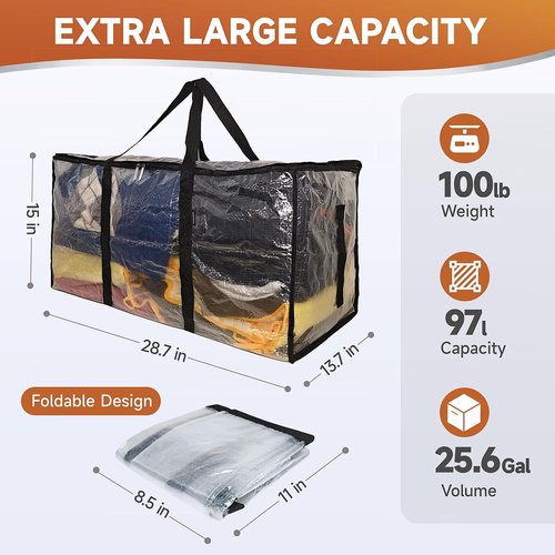 Congregate Heavy Duty Extra Large Moving Bags - 97L Semi-Transparent Totes with Reinforced Handles & Metal Zippers | 28.7"x13.7"x15" Foldable Storage Solution