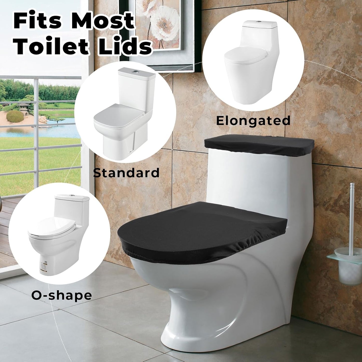 Skiennix Toilet Lid Cover Set - Soft Black Elastic Bottom Replacement for Universal Bathroom Decor
