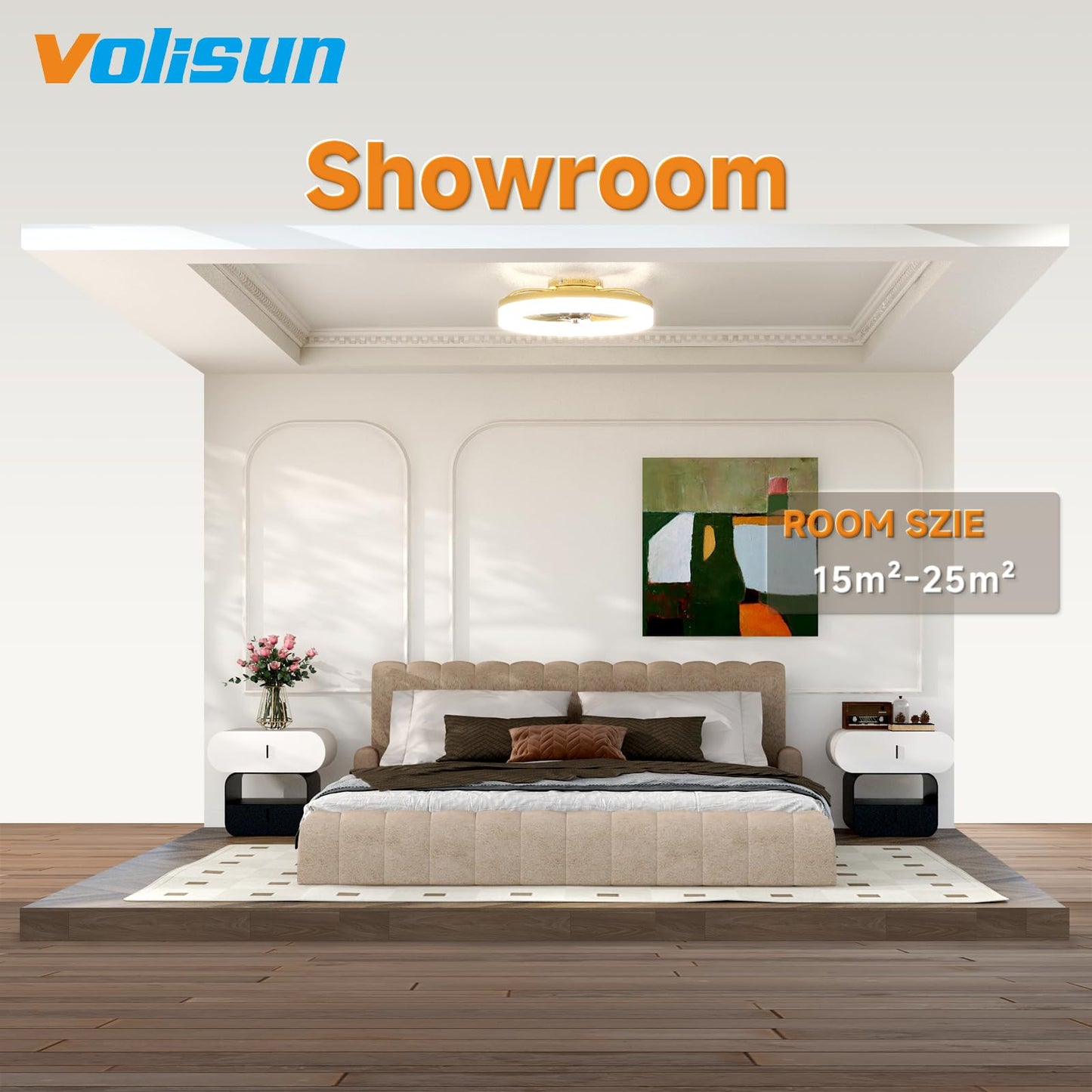 VOLISUN Low Profile Ceiling Fans with Lights and Remote, 19.7in Fandelier Ceiling Fan with Light, 3000K-6500K Dimmable Bladeless LED Fan Light, Gold Flush Mount Ceiling Fans with Lights for Bedroom