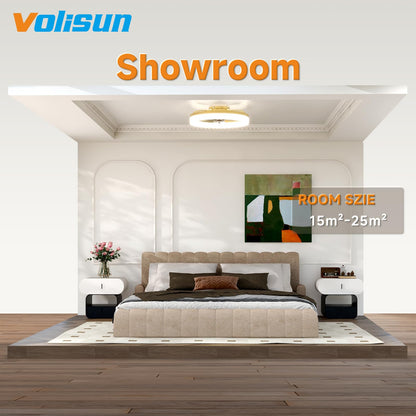 VOLISUN Low Profile Ceiling Fans with Lights and Remote, 19.7in Fandelier Ceiling Fan with Light, 3000K-6500K Dimmable Bladeless LED Fan Light, Gold Flush Mount Ceiling Fans with Lights for Bedroom