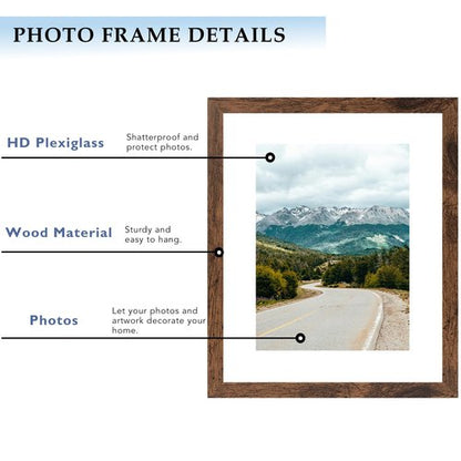 QOTIB 11x14 Picture Frame with 8x10 Mat Deep Brown, Display 8x10 with Mat or 11x14 Without Mat, Wood 11 by 14 Photo Frame, 11 x 14 Frame for Wall Hanging Display, Deep Brown