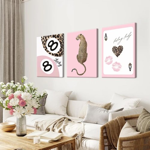 Funky Lucky You | Trendy Leopard Canvas Wall Art Set of 3 - Pink Cheetah Prints for Girls' Bedroom 12x16
