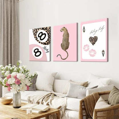 Funky Lucky You | Trendy Leopard Canvas Wall Art Set of 3 - Pink Cheetah Prints for Girls' Bedroom 12x16