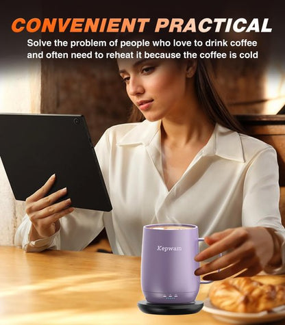 Kepwam Self Heating Coffee Mug, 16oz Smart Heated Coffee Mug, 150 Min Battery Life - Hot up to 149℉ Temperature Control Coffee Mug Warmer, Gifts for Women and Men