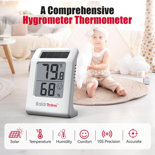 BaldrTherm 2.2'' Digital Thermometer and Hygrometer Meter, Solar-Powered Indoor Temperature Sensor Humidity Monitor, Humidity Gauge for Baby Rooms, Bedrooms, Home, Office, and Wine Cellars, 1Pack