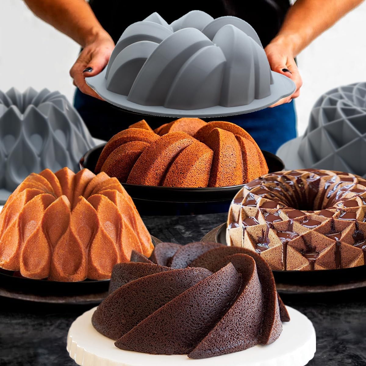 Tongjude Silicone Fluted Cake Pans - Non-Stick 4-Piece Set for Baking Cakes, Bread & Jello | 6/7/8 Cups, Grey