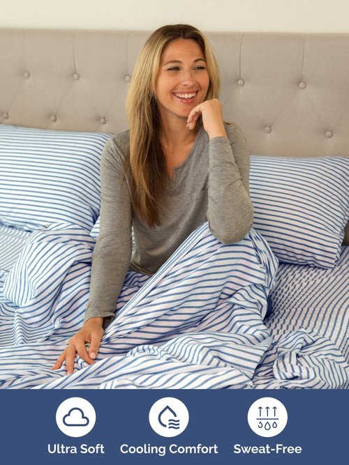 Extra Deep Full Sheet Set - 6 Piece Breathable and Cooling Sheets - Hotel Luxury Bedding for Women, Men, Kids & Teens - Easy & Secure Fit - Soft and Wrinkle Free - Extra Deep Pockets - Blue Stripes