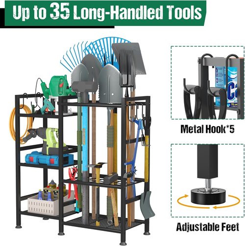 Keomaisyto Garden Tool Organizer - Heavy Duty 3-Tier Storage Rack with 35 Long-Handled Tool Slots | Ideal for Garage & Shed