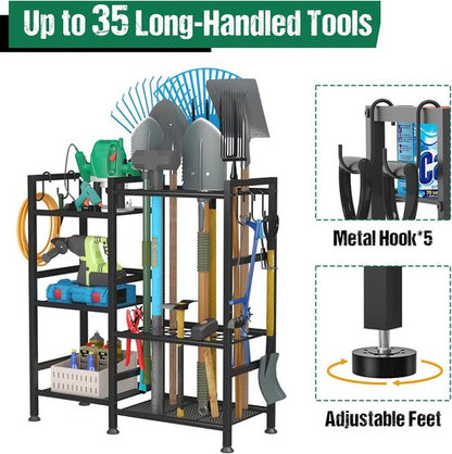 Keomaisyto Garden Tool Organizer - Heavy Duty 3-Tier Storage Rack with 35 Long-Handled Tool Slots | Ideal for Garage & Shed