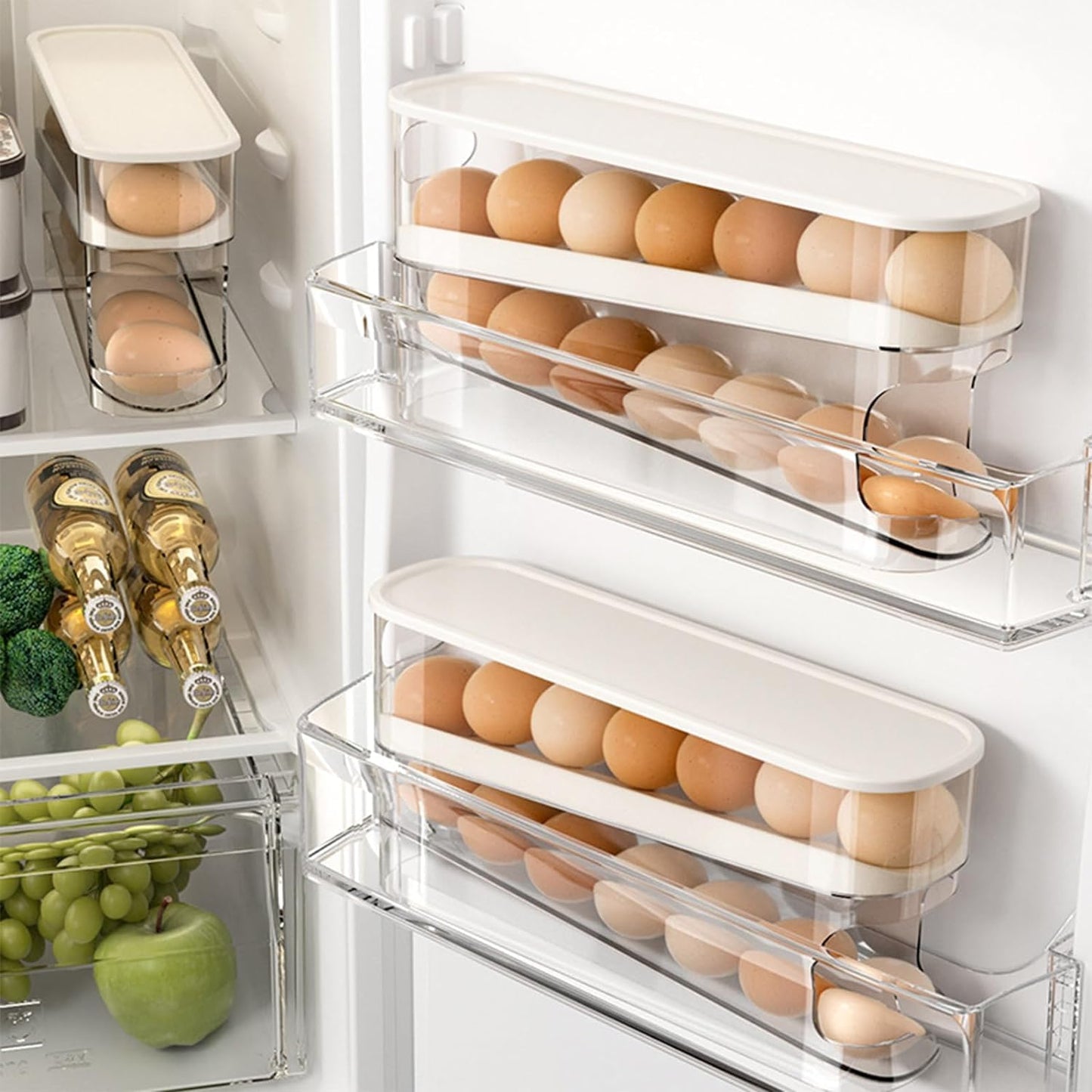 Egg Holder For Fridge With Lid - Auto Roll Down Egg Dispenser For Refrigerator Storage Organizer Space Saving Egg - Easy Access 2 Tier Egg Storage Rack (1 pcs)