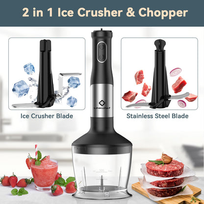 LINKChef 7 in 1 Immersion Blender Handheld, 800W Hand Blender Set, Scratch Resistant with 2 Titanium Steel Blades, 20 Speed and Turbo Mode, Includes Whisk, Milk Frother, Food Processor & Beaker