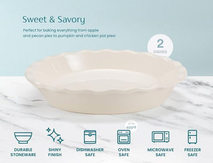 KooK Ceramic Pie Pan - Reusable 9-Inch Round Baking Dish | Deep Wave Edge for Quiches & Tarts - Set of 2, Ivory