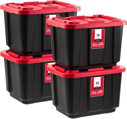 IRIS USA 12 Gallon Heavy Duty Storage Bins with Lids - 4-Pack Red Plastic Tote Containers for Organization